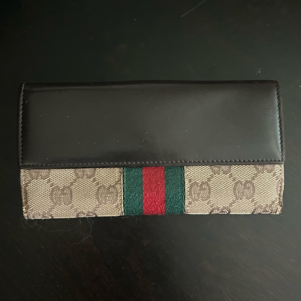 GUCCI VINTAGE Sherry line GG Canvas/Leather Wallet, Authentic